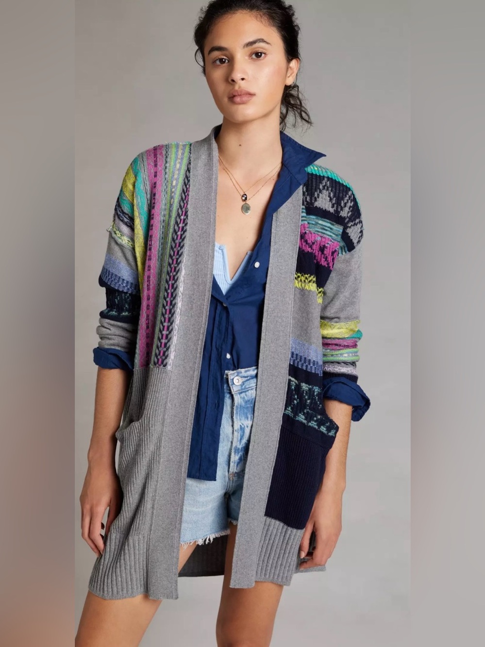 Daily Practice by Anthropologie Contrast Knit Cardigan- Grey and Multi Colored
